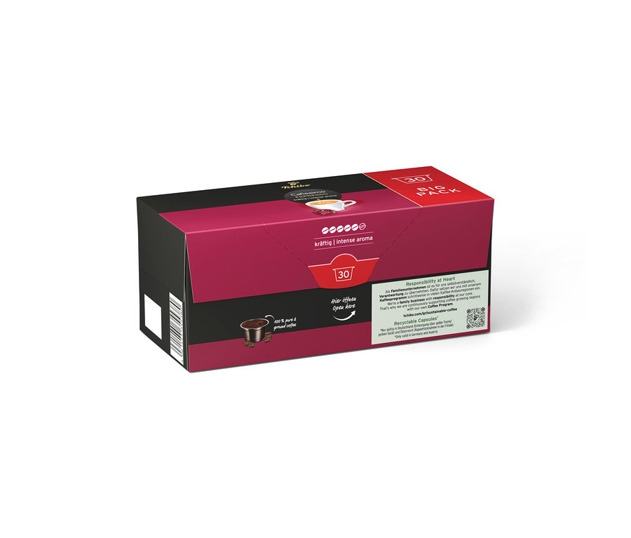 Magenta-siyah "Espresso Intense Aroma - 30 Kapsül" Tchibo Cafissimo paketi, üzerinde kahve kapsülü resmi var.