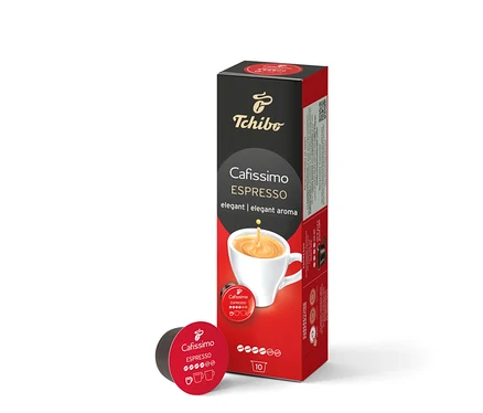 Bir paket Cafissimo Espresso Elegant Aroma 10 Kapsül, tek bir kapsülün yanında duruyor.