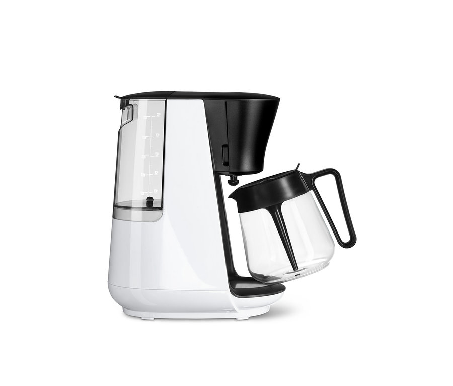 Beyaz »Let's Brew« Filtre Kahve Makinesi, çıkarılabilir cam sürahi ile birlikte.