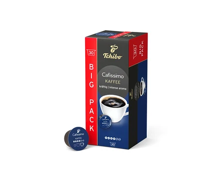 Tek bir kapsülün yanında Cafissimo Kahve Intense Aroma- 30 Kapsül paketi.