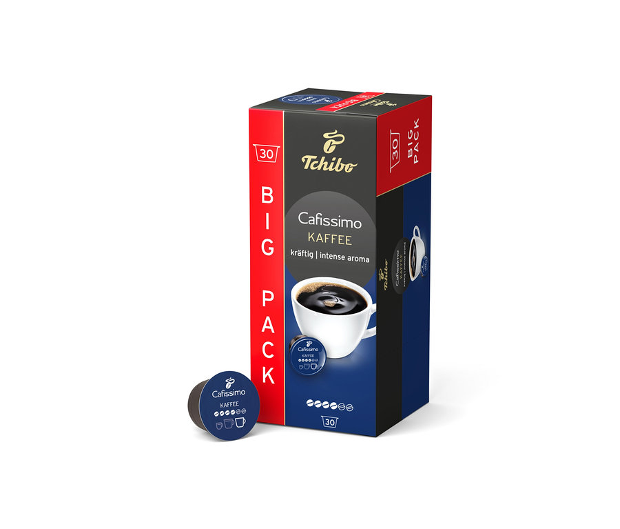 Tek bir kapsülün yanında Cafissimo Kahve Intense Aroma- 30 Kapsül paketi.