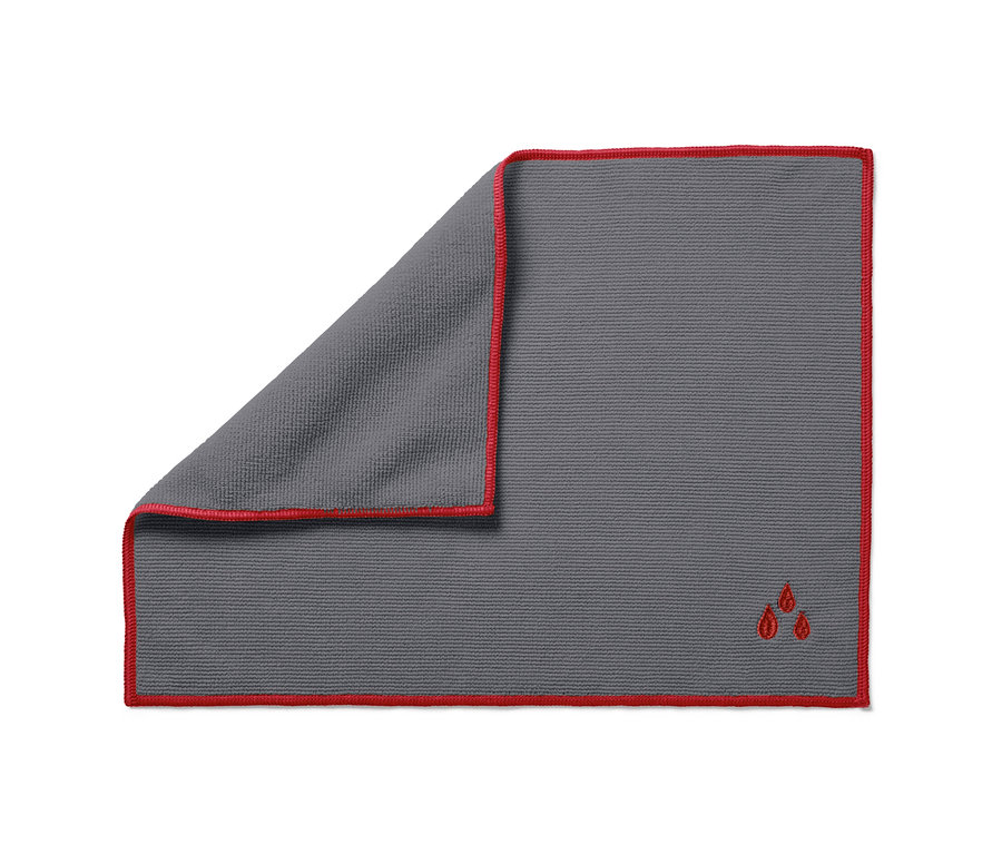 Köşesinde üç kırmızı damla bulunan gri Cam ve Parlatma Bezi.