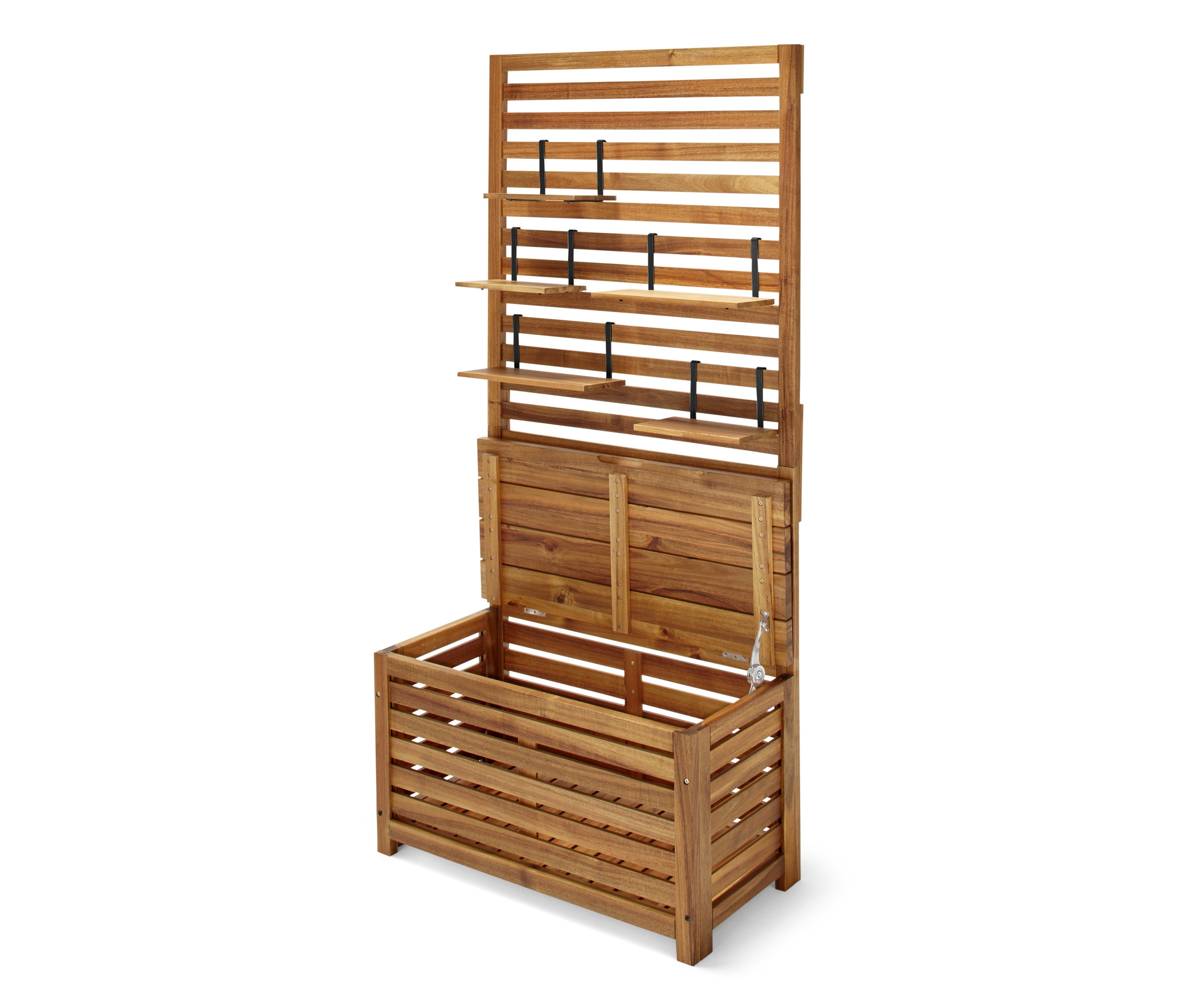 Açık depolama alanına sahip kahverengi ahşaptan yapılmış Sandıklı Balkon Bankı.