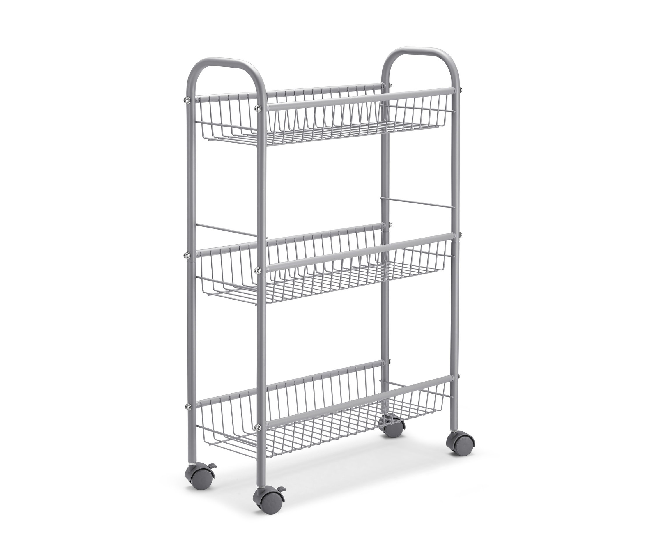 Beyaz arka planda üç tel sepetli gri Köşe Düzenleme Arabası.