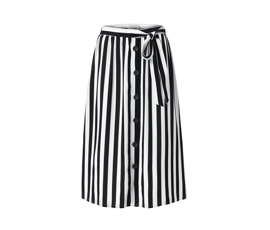 Düğmeli ve bağcıklı, çizgili dokuma etek.