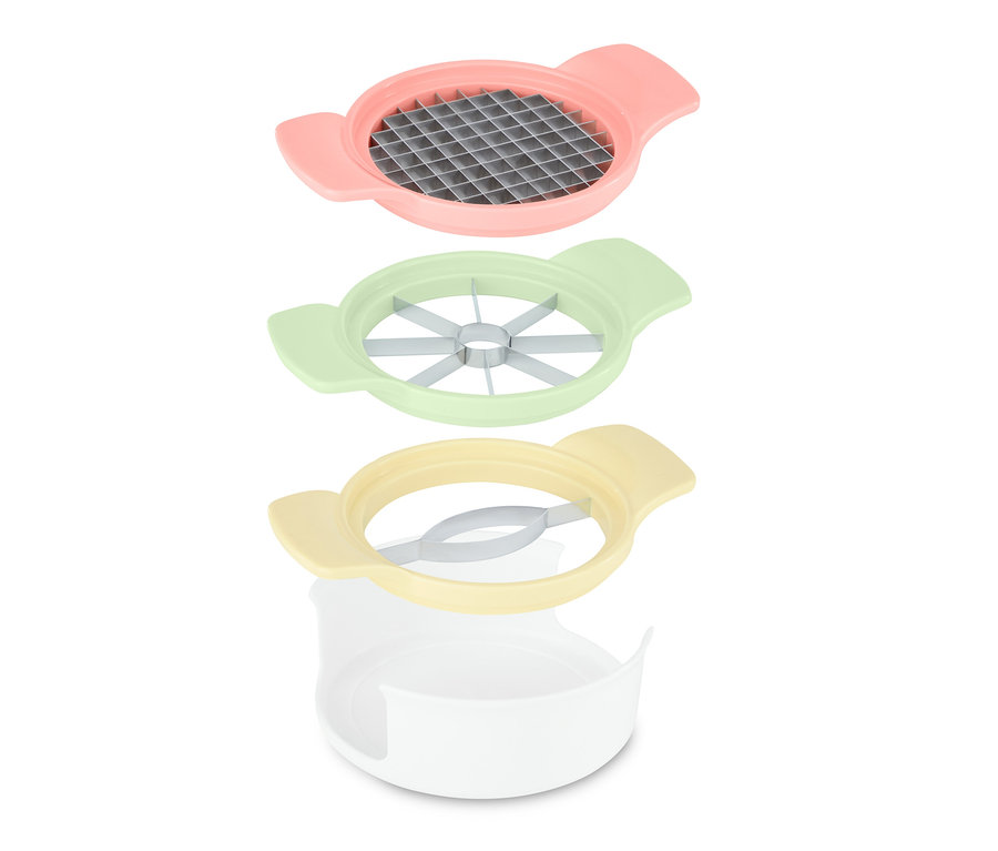 Pembe ızgaralı, yeşil elma dilimleyicili ve beyaz hazneli sarı dilimleyicili, demonte edilmiş 3'ü 1 arada meyve kesici.