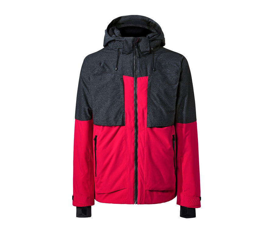 Gri ve kırmızı, fermuarlı High-End Kayak Montu.