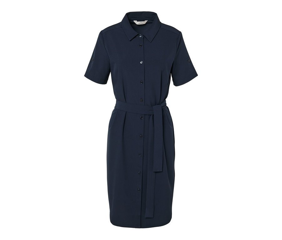 Kısa kollu ve kemerli, lacivert fonksiyonel elbise.