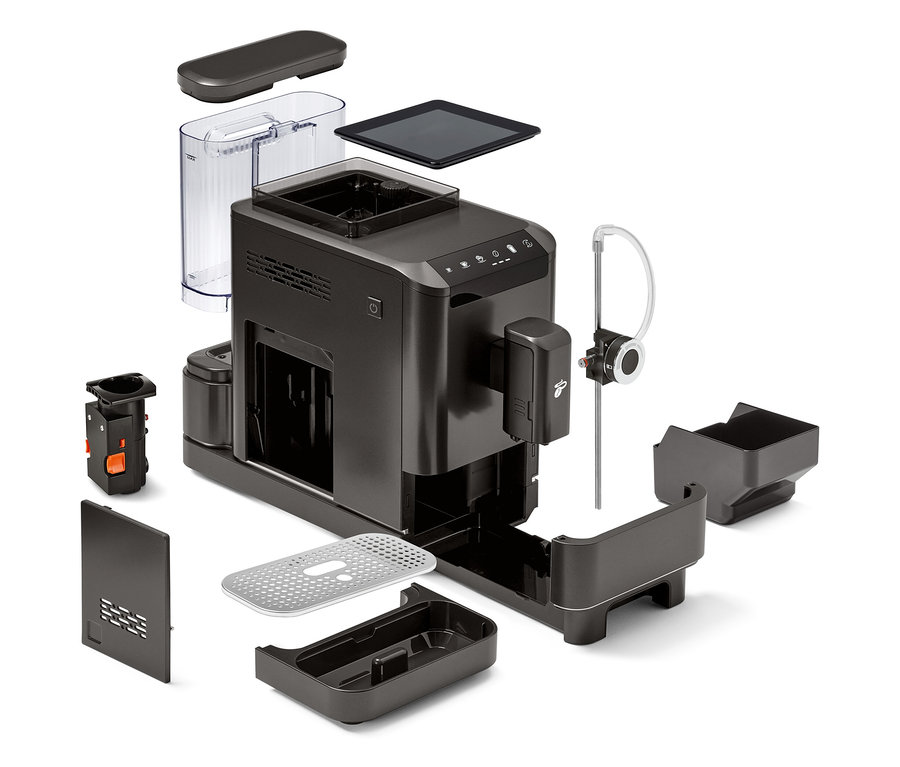 Demonte edilmiş »Esperto 2 Milk« Granite Black kahve makinesi.