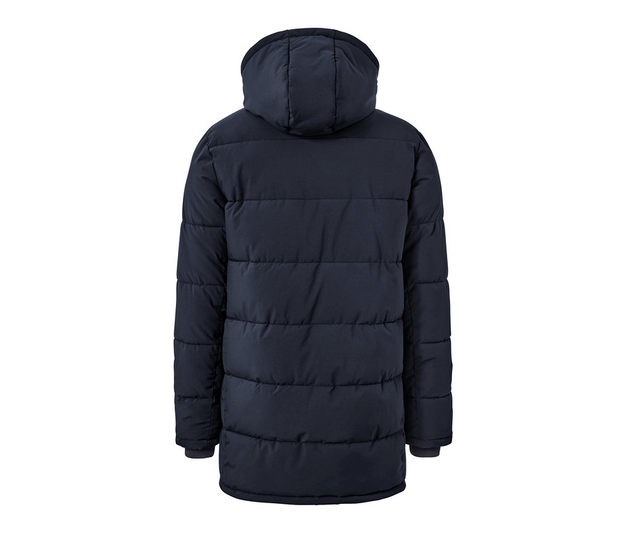 Arkadan kapüşonlu lacivert kapitone parka.