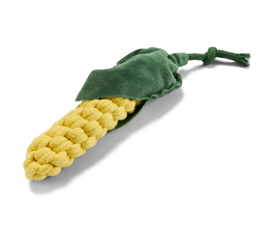 Beyaz bir arka planda Köpek Oyuncağı »Mısır« duruyor.