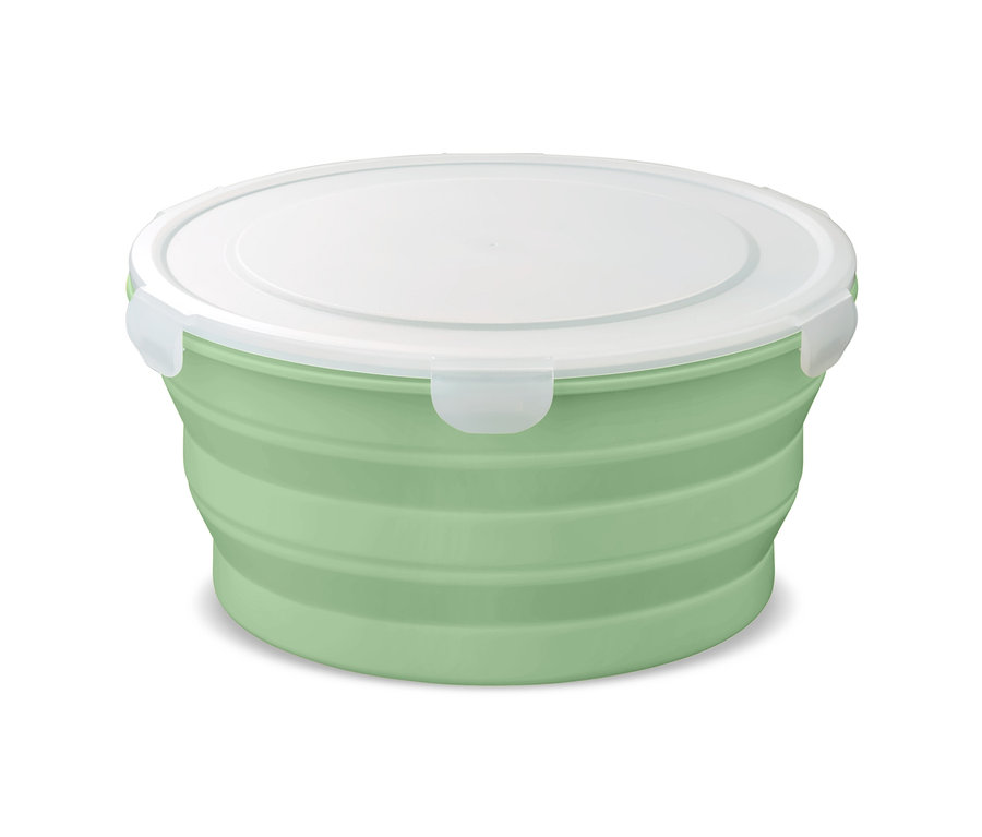 Beyaz kapaklı yeşil katlanabilir salata kasesi.