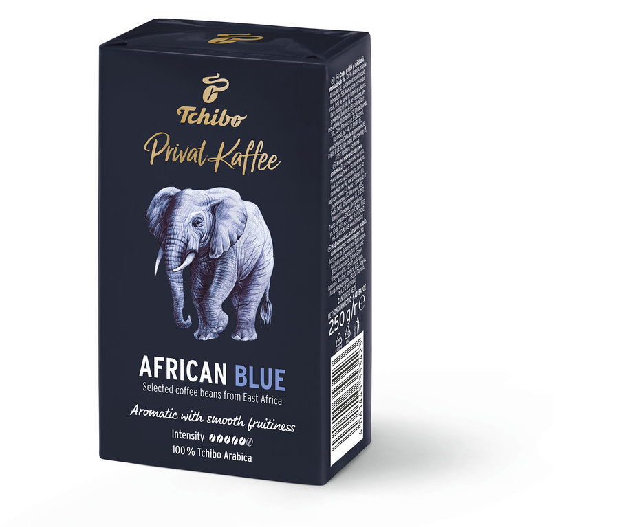 Fil dişi resmi olan öğütülmüş Privat Kaffee African Blue kahve paketi.