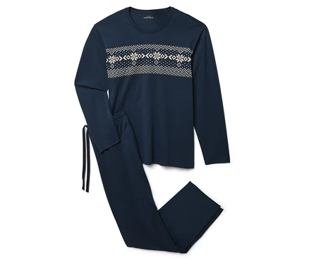 Noel desenli, uzun kollu mavi pijama takımı.