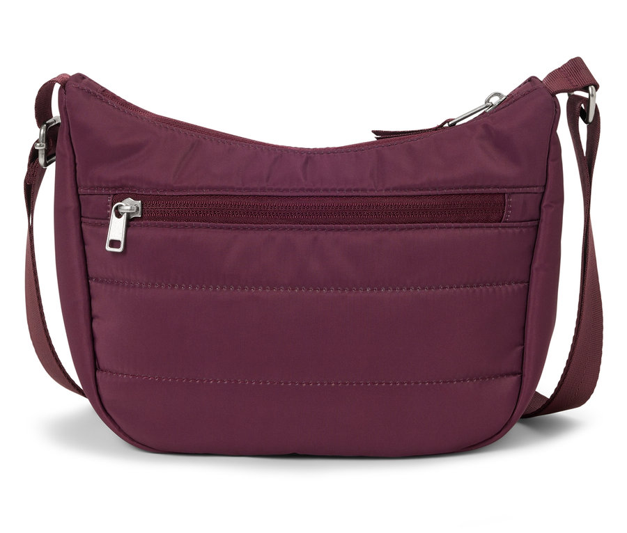 Ayarlanabilir askılı bordo renkli bir el çantası.