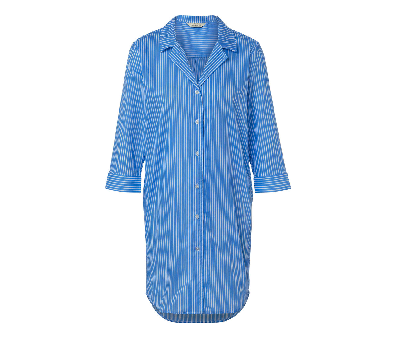 Düğmeli, mavi beyaz çizgili dokuma gecelik.