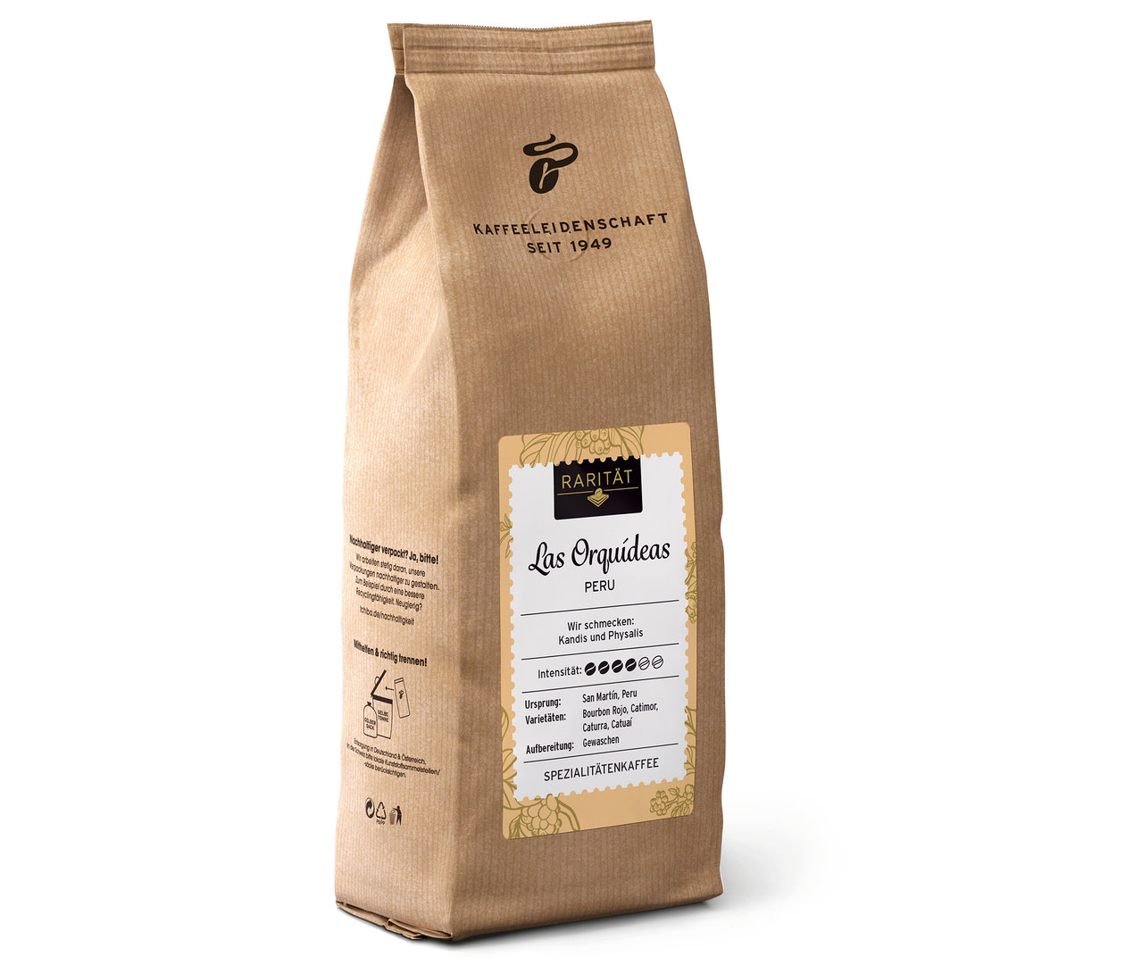 Bir paket Rarität »Las Orquídeas Peru« Ganze Bohne kahve çekirdeği dik duruyor. Etikette kahvenin kökeni, tadı ve yoğunluğu hakkında bilgiler yazılıdır.
