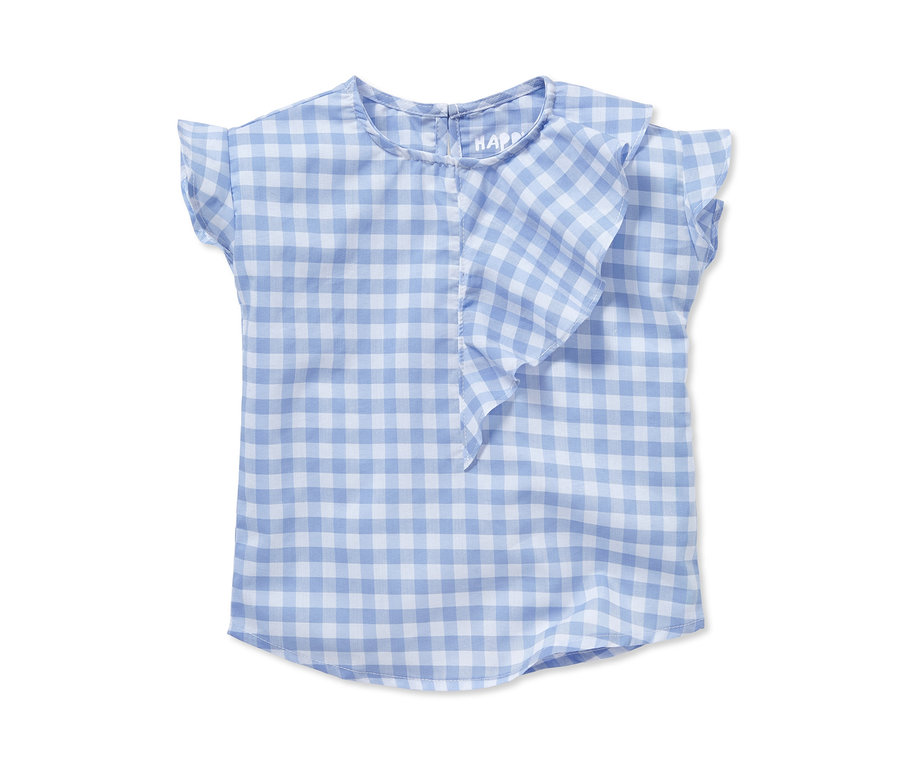 Volanlı, mavi beyaz kareli bluz.