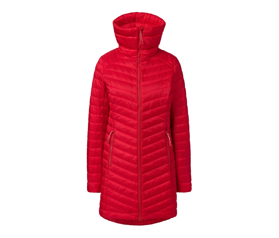 Kırmızı, dik yakalı, fermuarlı kapitone mont.