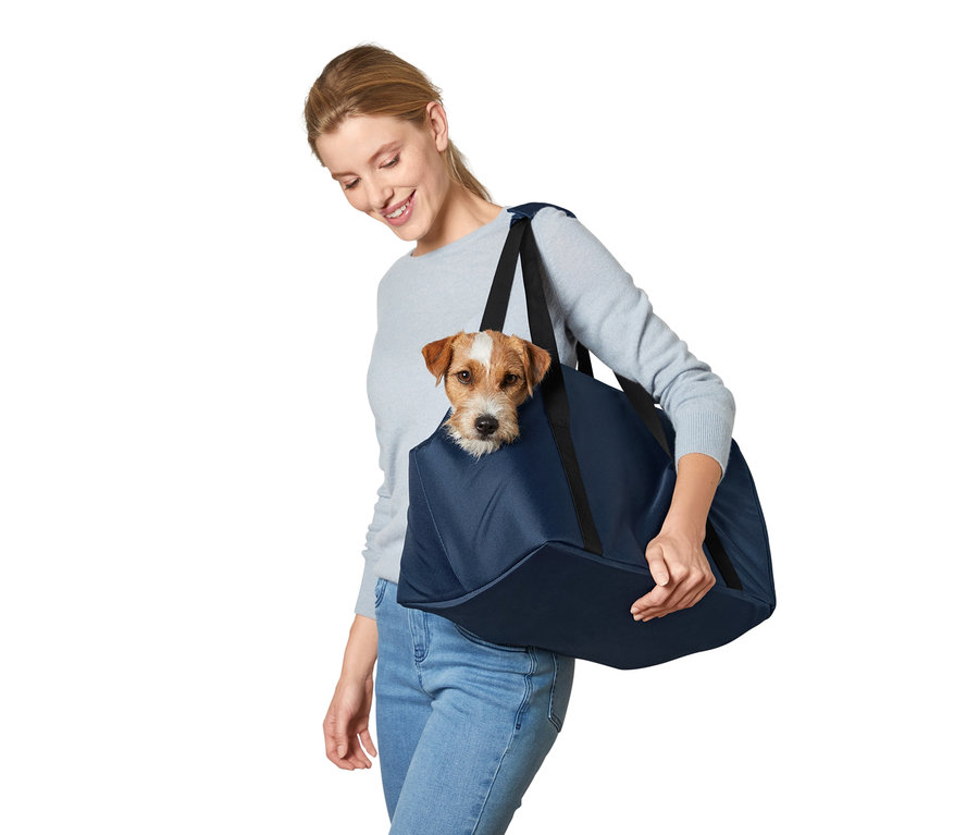 Kadın, kahverengi ve beyaz bir köpeğin olduğu bir Evcil Hayvan Taşıma Çantası taşıyor.