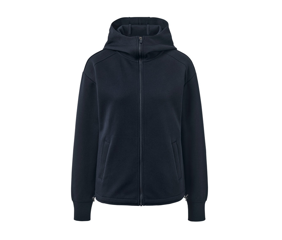 Ortasında fermuarı olan lacivert kapüşonlu sweatshirt ceket.