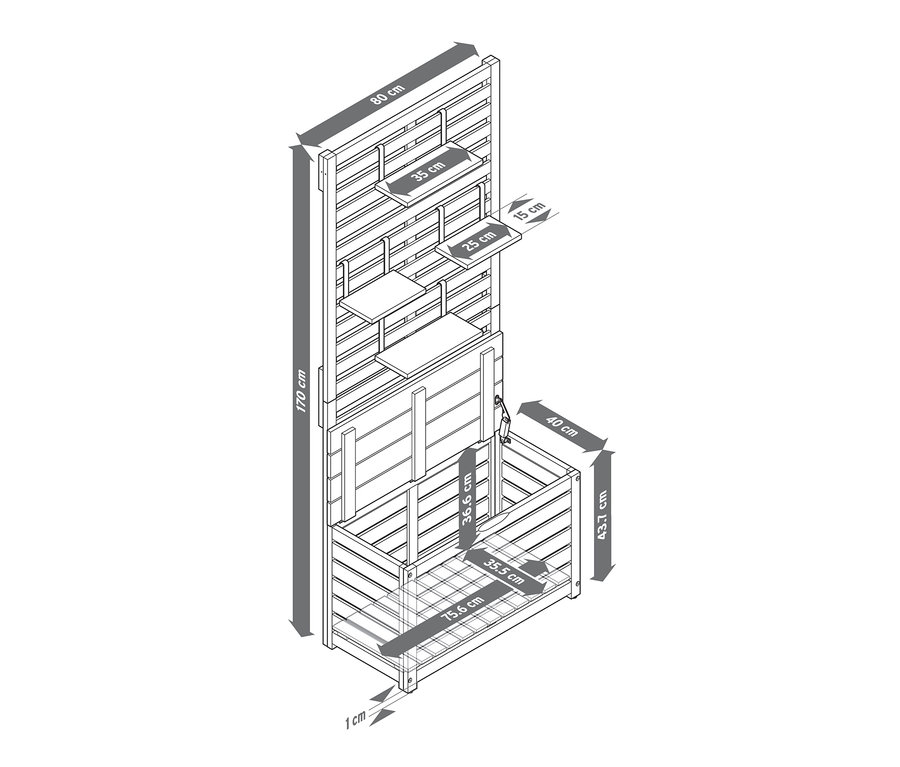 Çeşitli boyut ölçümleriyle birlikte depolama alanına sahip bir balkon paravan bankı çizimi.