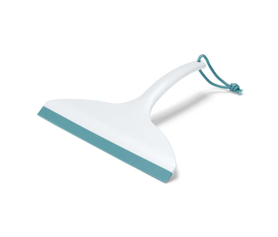 Mavi lastik bantlı ve mavi ipli beyaz banyo sileceği.