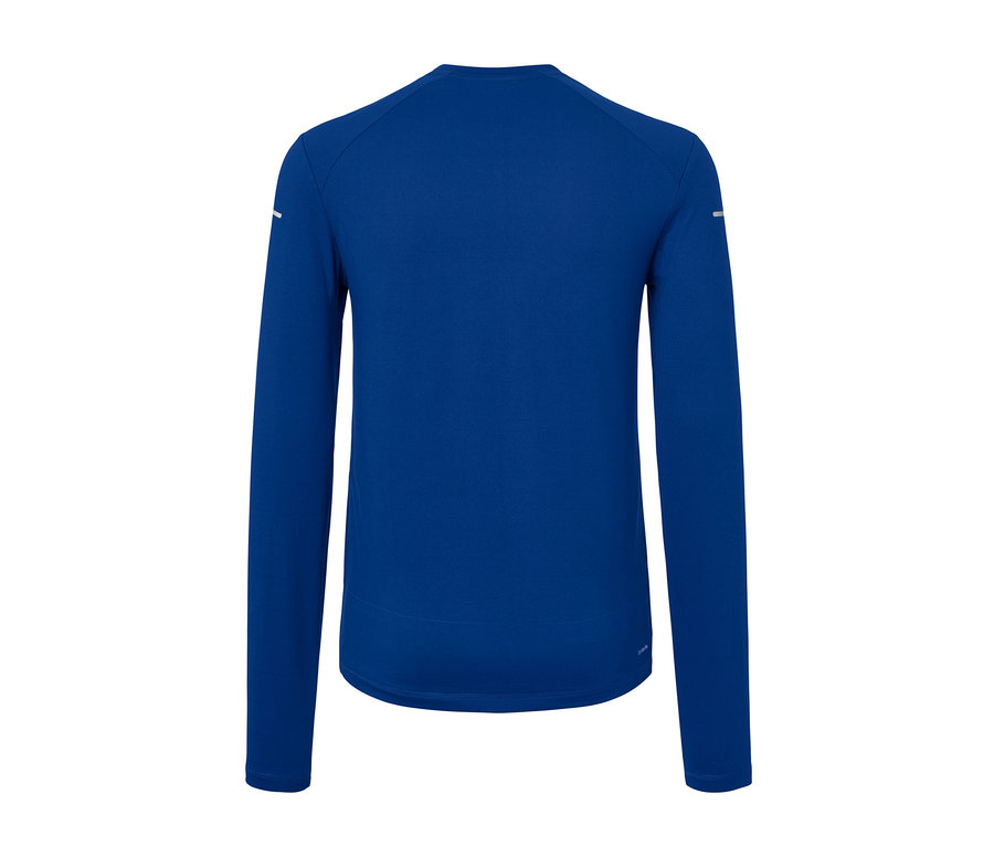 Mavi uzun kollu fonksiyonel tişörtün arkadan görünümü.