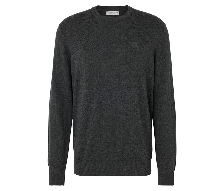 Uzun kollu ve bisiklet yakalı, koyu gri triko kazak.