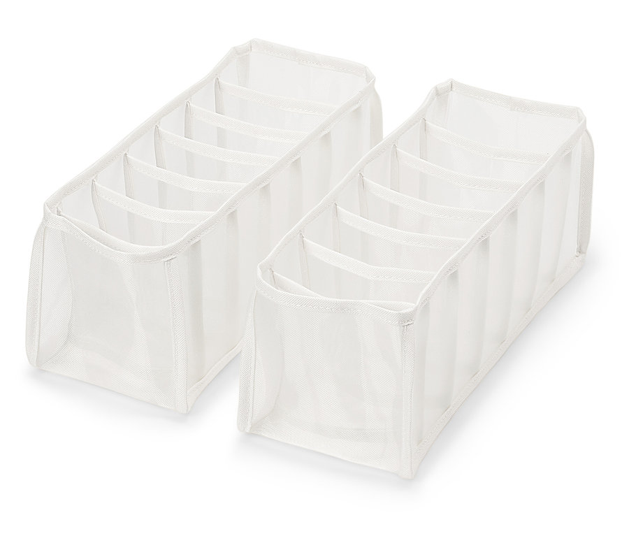 Beyaz bir arka plan üzerinde altı bölmeli iki adet beyaz çekmece düzenleyici.