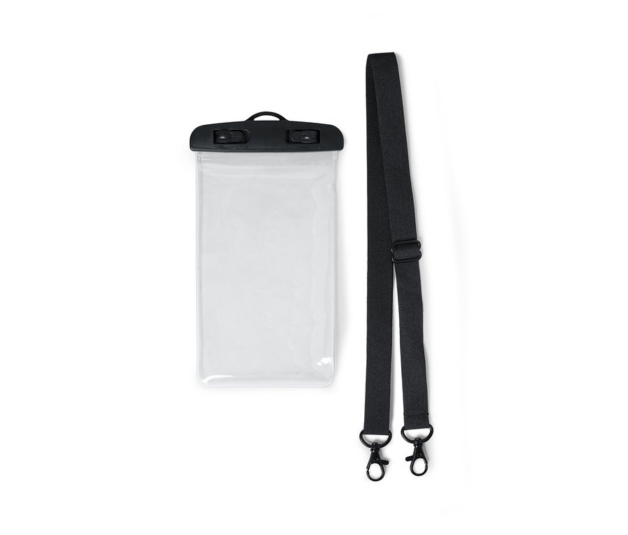 Siyah kapaklı ve askılı şeffaf, su geçirmez akıllı telefon kılıfı.