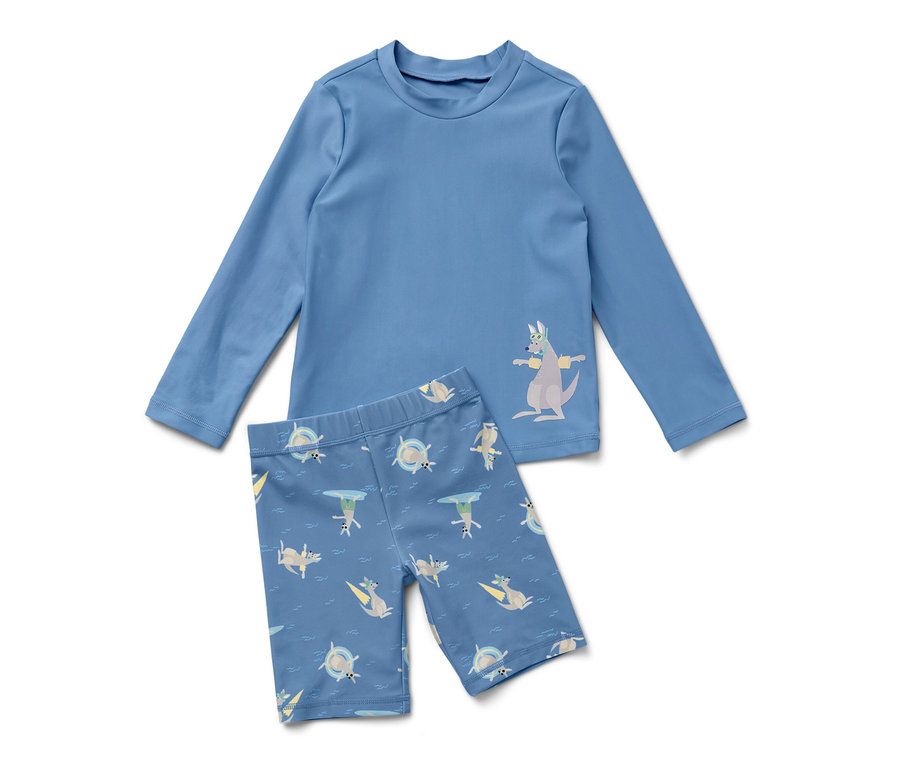 Mavi, 80 faktör UV korumalı, kanguru desenli çocuk takım.