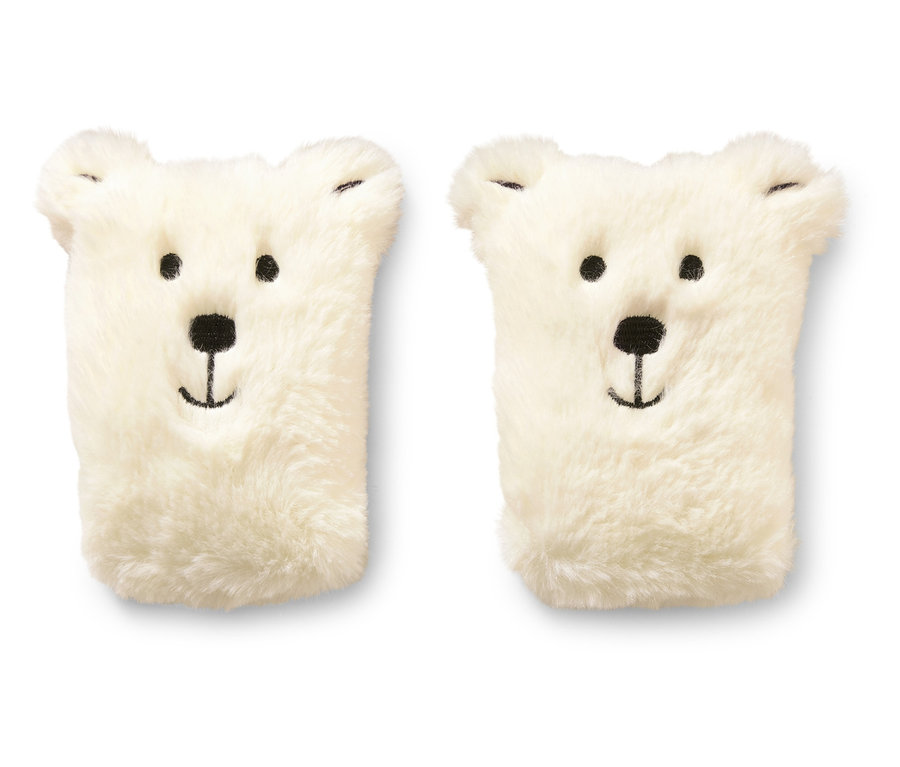 İki adet beyaz, kabarık kutup ayısı kafası şeklinde el ısıtıcısı.