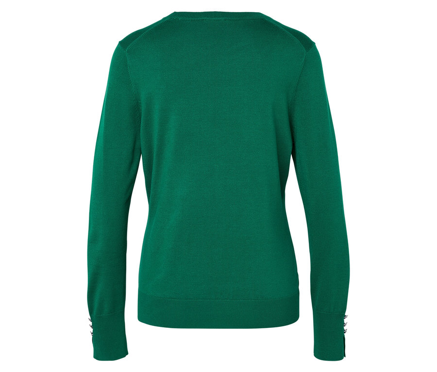 Uzun kollu yeşil bir kazağın arka görünümü.