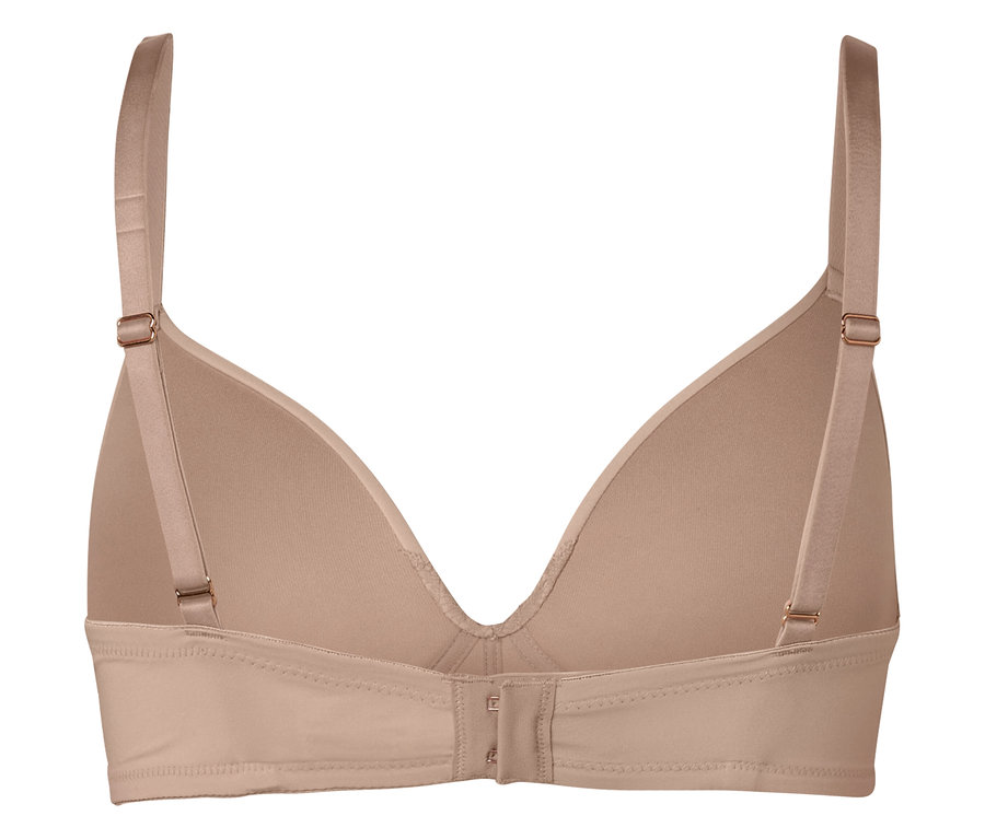 Ayarlanabilir askılı ve kopçalı bej rengi sütyenin arka görünümü.