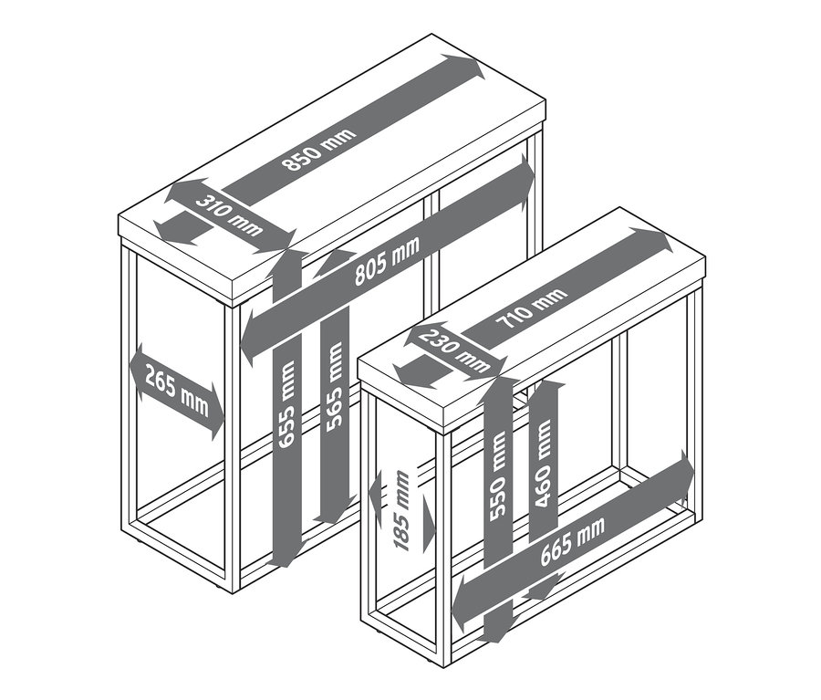 Ölçüleri belirtilmiş, beton görünümlü 2 adet metal konsol sehpa.
