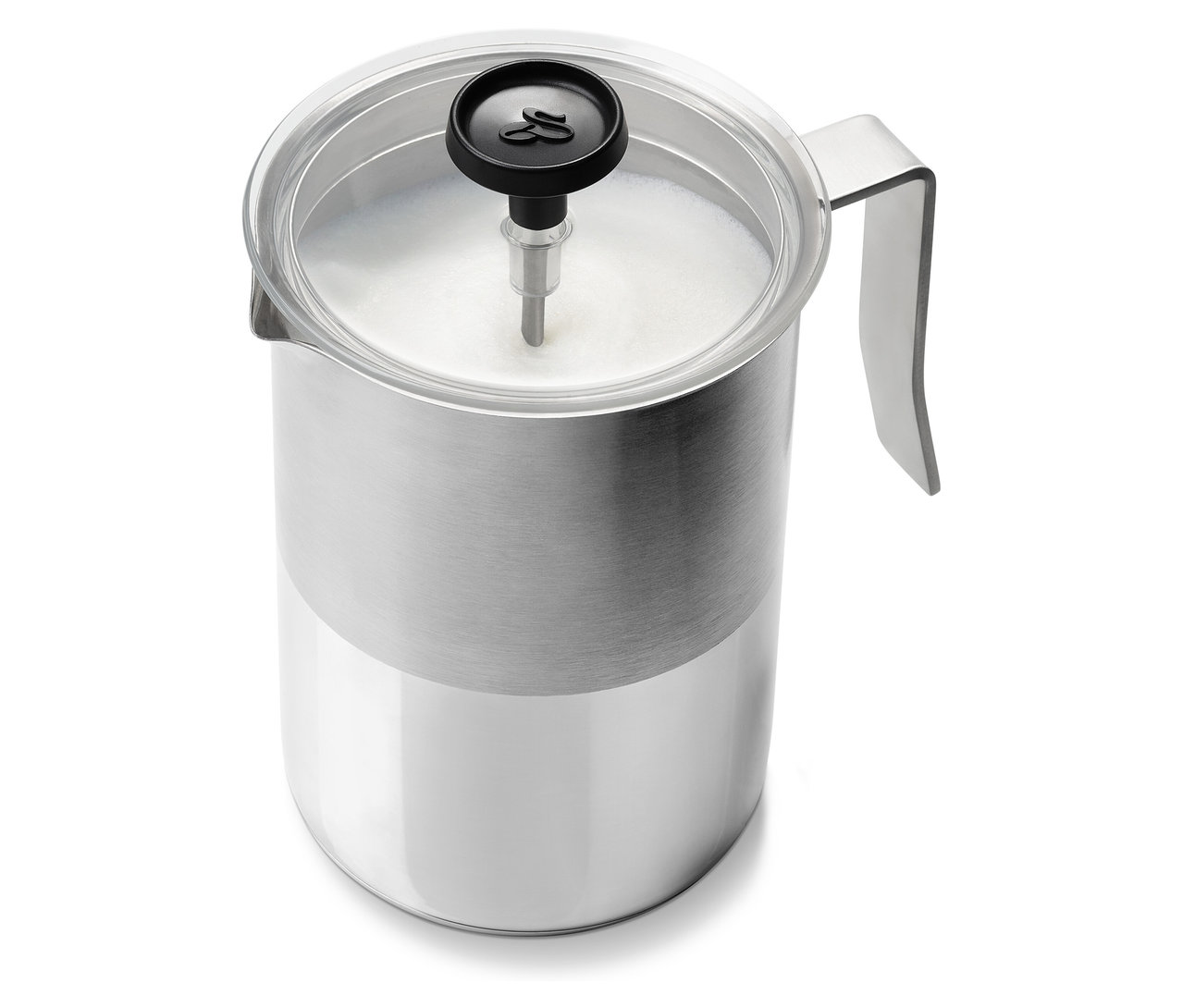 Şeffaf kapaklı ve siyah saplı paslanmaz çelik manuel süt köpürtücü.