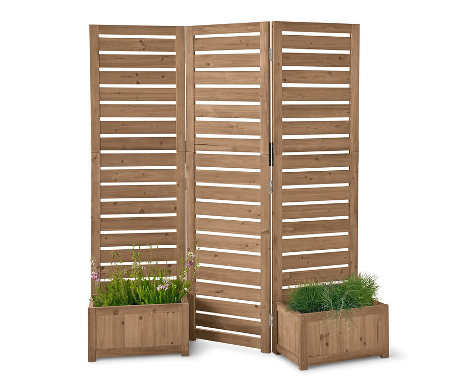 Üç bölmeli »Tinus« saksılı paravan. Saksılardan ikisine bitki dikilmiş.