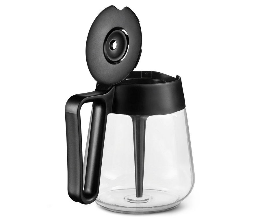 Açık kapaklı siyah »Let's Brew« Filtre Kahve Makinesi'nin yakın çekim görüntüsü.