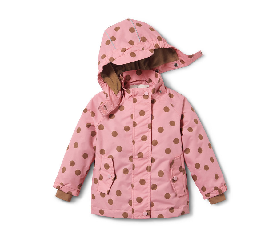 Pembe, kahverengi puantiyeli termal yağmur montu.