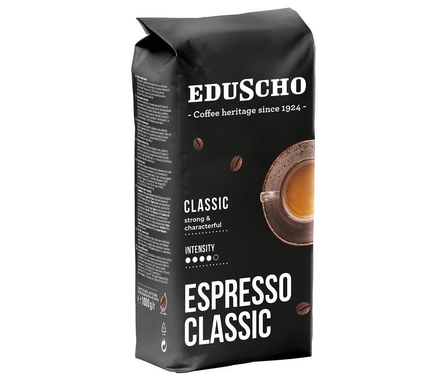 Siyah ambalajlı Eduscho Espresso Classic, 1 kg Çekirdek Kahve.
