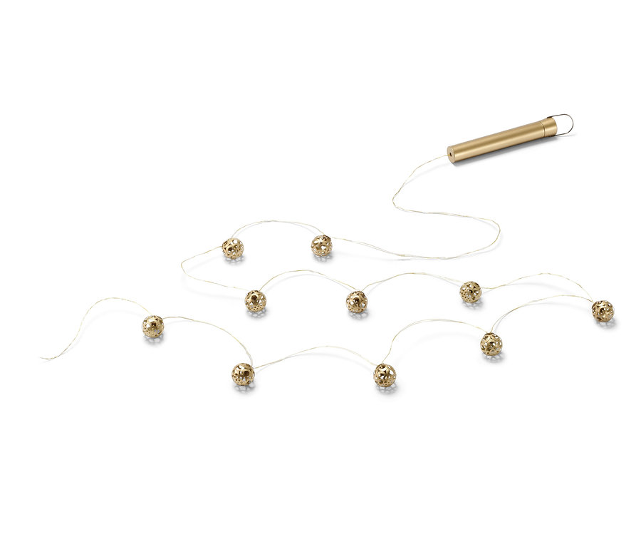 On adet dekoratif küreye sahip altın renkli LED Işık Zinciri.