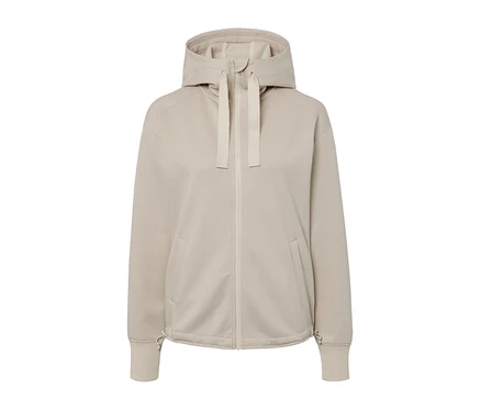 Ortasında fermuar bulunan bej kapüşonlu sweatshirt ceket.