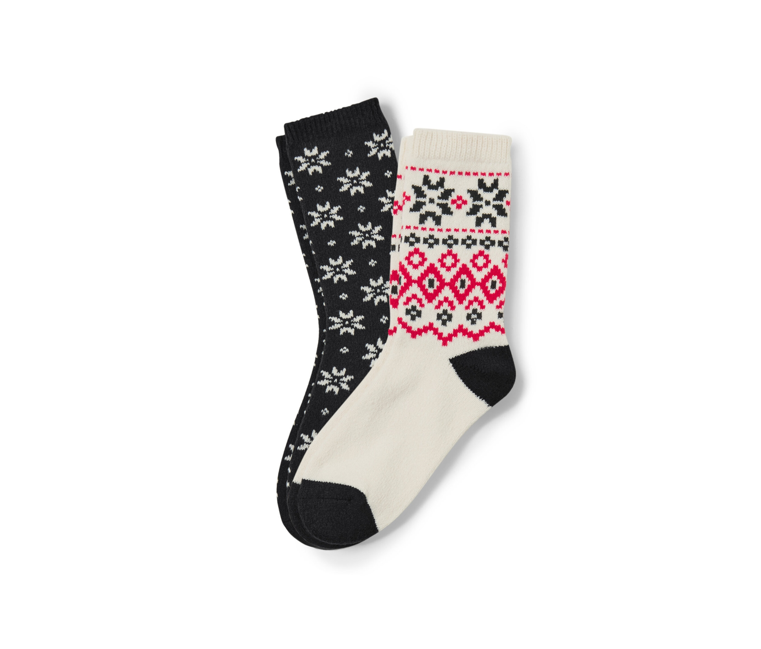 İki çift Norveç desenli çorap yan yana duruyor.