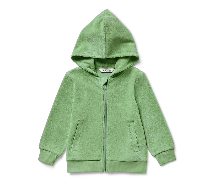 Yeşil, fermuarlı ve kapüşonlu çocuk havlu mont.