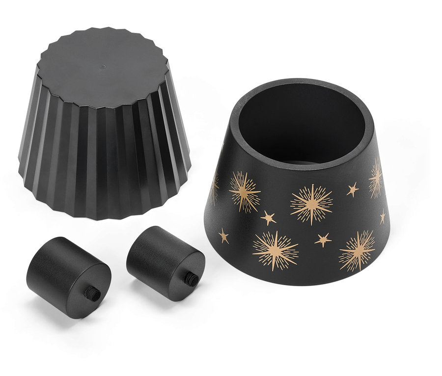 Beyaz bir arka plan üzerinde abajur, taban ve iki vida dahil olmak üzere siyah masa lambası bileşenleri.