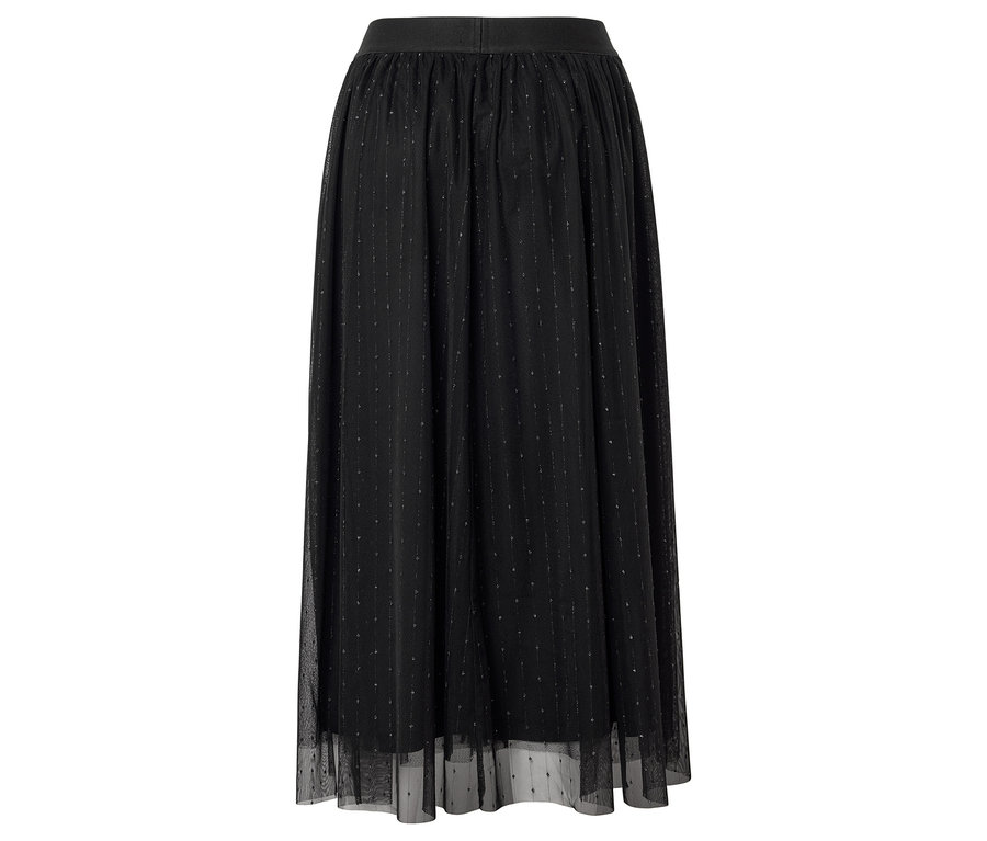 Elastik belli ve ince puantiyeli desene sahip uzun, siyah etek.