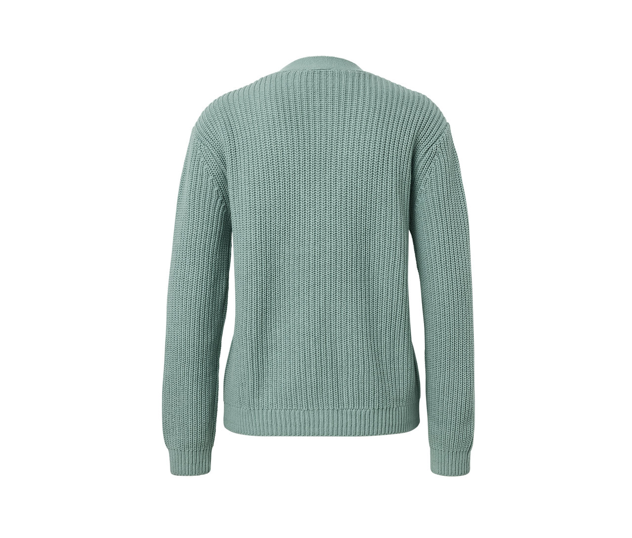 Adaçayı renginde, kalın örgülü bir hırkanın arka görünümü.