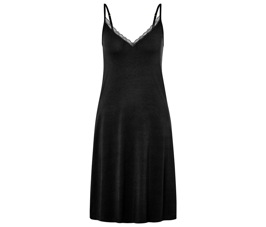 Yakası dantelli ve ince askılı siyah gecelik.