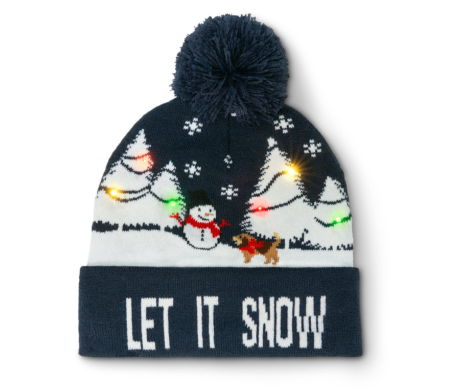 LET IT SNOW yazılı, kardan adam, köpek ve ışıklı Noel ağaçları olan bere.